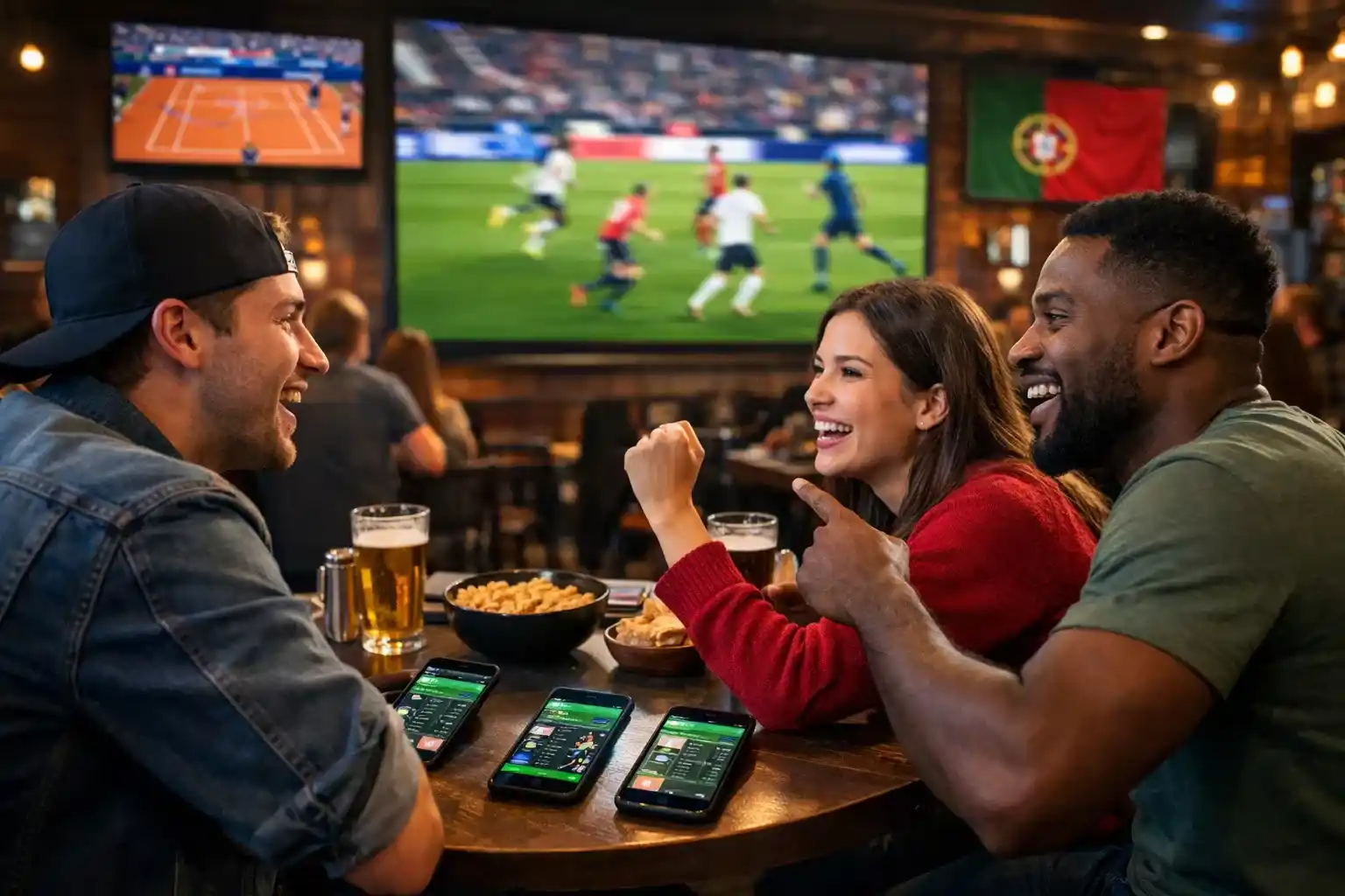 Amigos portugueses a assistir a eventos desportivos num bar enquanto usam aplicações de apostas