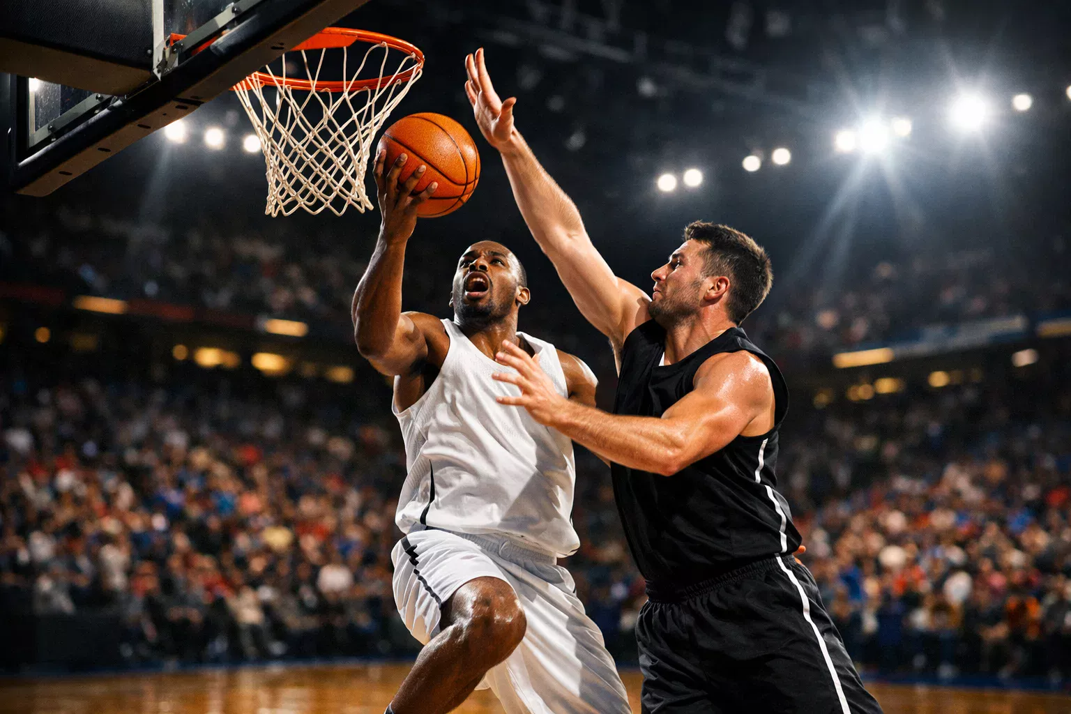 Lance emocionante de basquetebol com jogadores em acção durante um jogo profissional