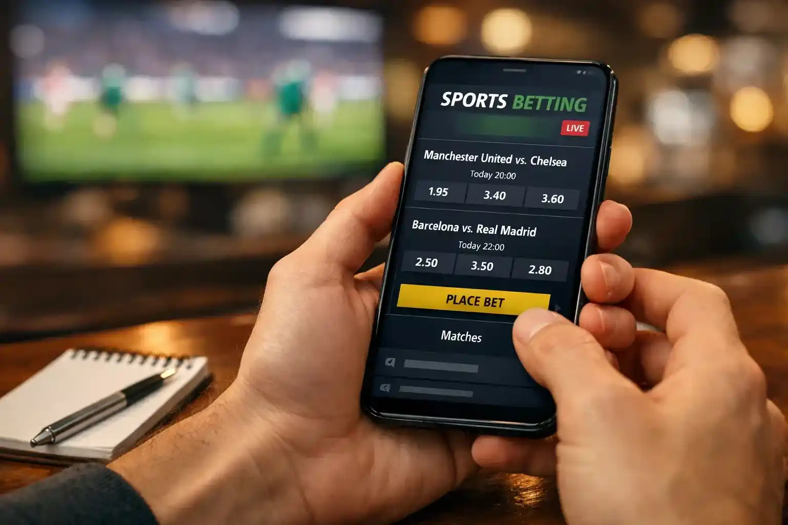 Mãos a usar aplicação de apostas com freebet de 10 euros visível no ecrã do smartphone