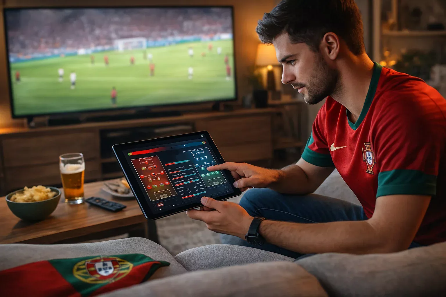 Adepto de futebol a analisar estatísticas de equipas antes de fazer uma aposta