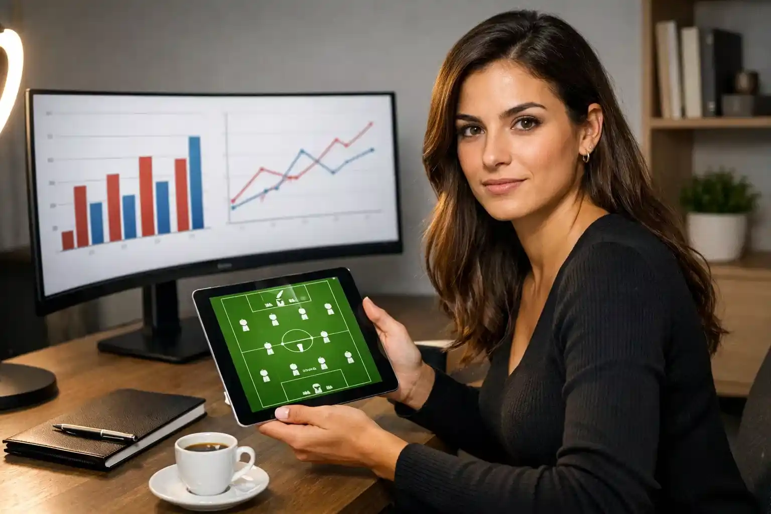 Mulher portuguesa a analisar estatísticas desportivas no computador para estratégias de apostas
