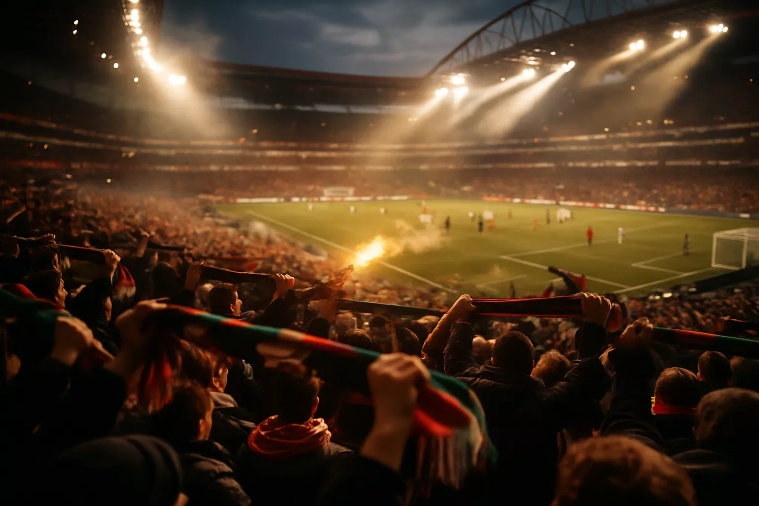 Ambiente vibrante de um estádio de futebol português durante um jogo da Primeira Liga