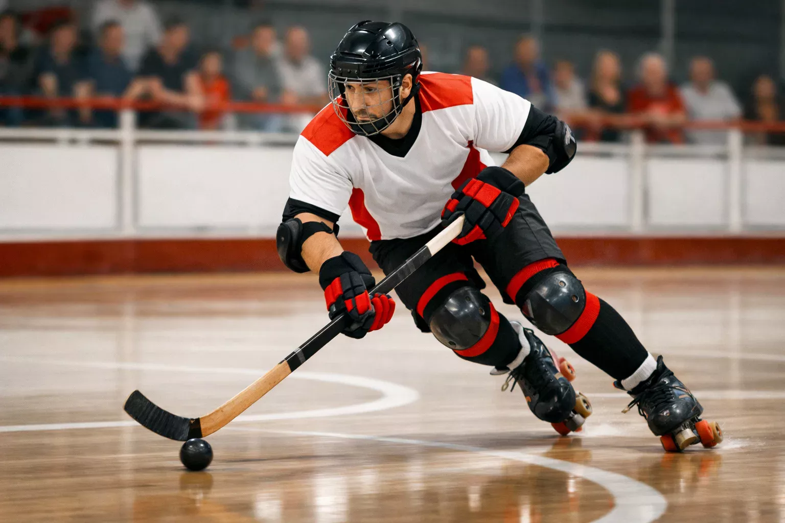 Jogador de hóquei em patins português em acção durante um jogo do campeonato nacional