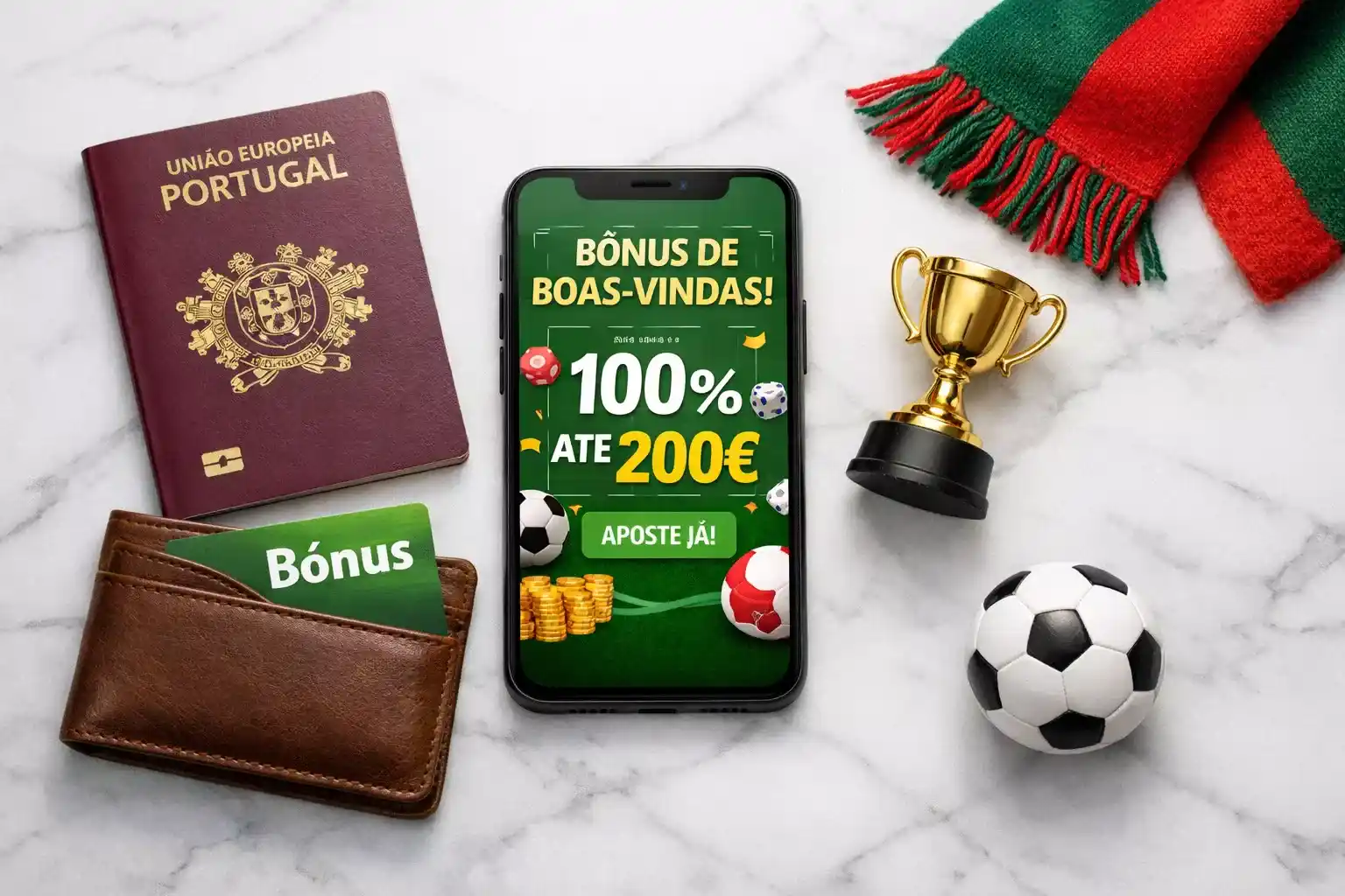 Composição plana mostrando elementos de bónus de apostas incluindo smartphone, cartão de bónus e itens de futebol